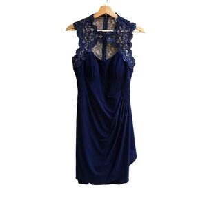 Xscape Fitted Formal Mini Dress with Lace Trim, Size Small